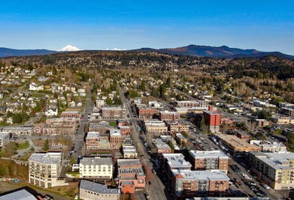 Aerial view over streets in Fairhaven, Bellingham