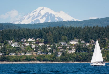 City of Bellingham, viewed from waterfront, with Mt. Baker in distance
