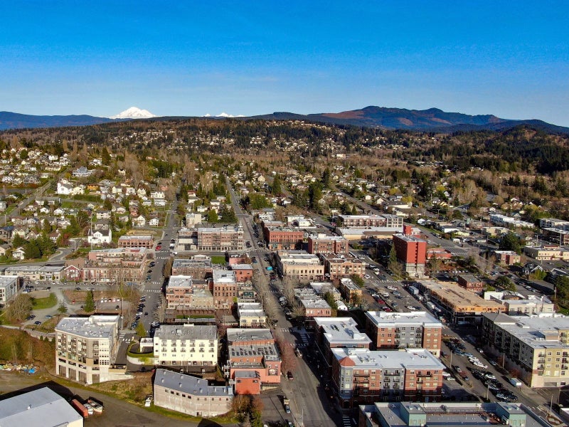 Aerial view over streets in Fairhaven, Bellingham